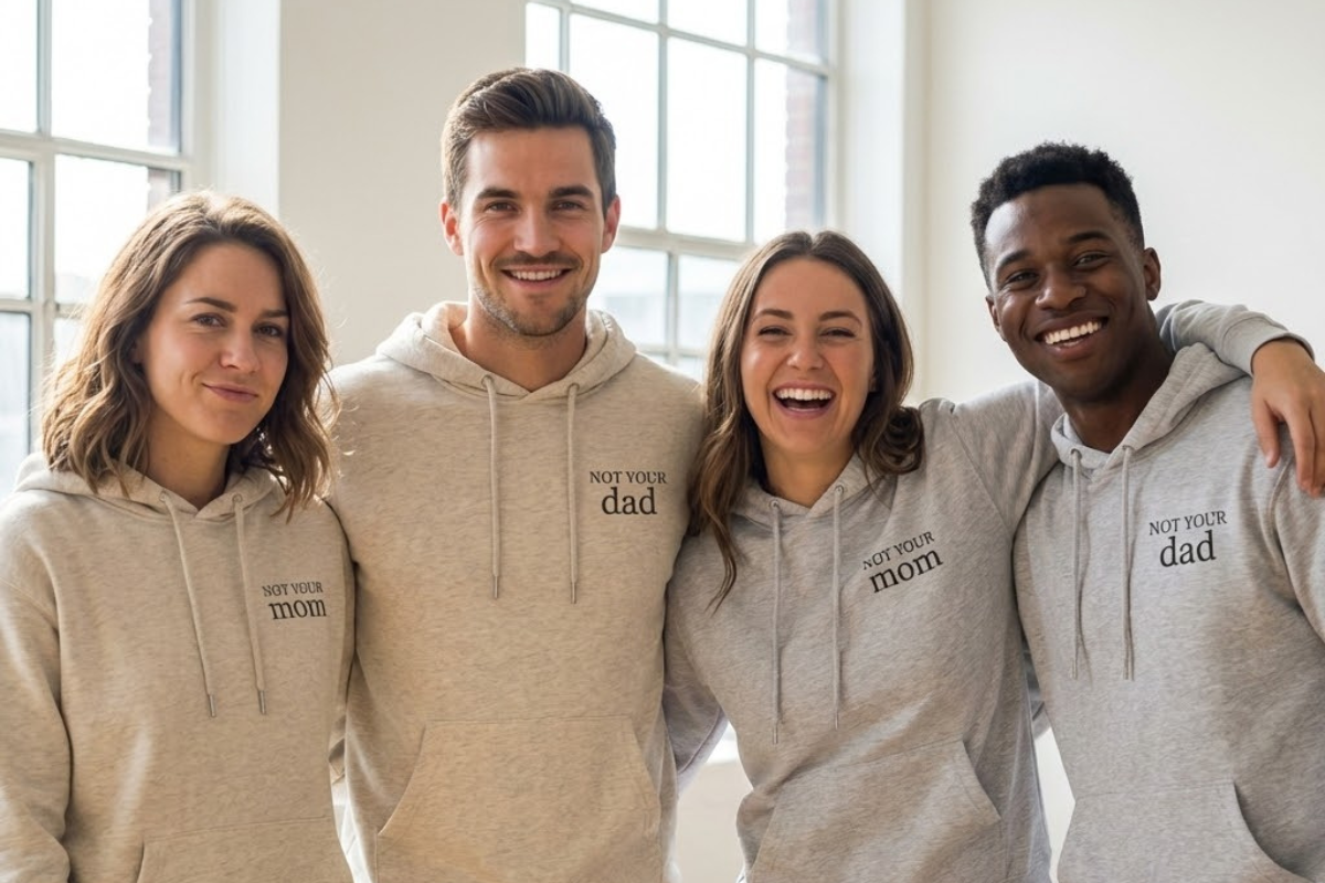 eine gruppe Menschein in gemütlichen Pullis sitzen im Wohnzimmer