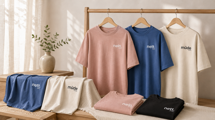 ein Paar das sind unterhält in Statement-T-Shirts mit den Aufschriften "nett" und "müde"