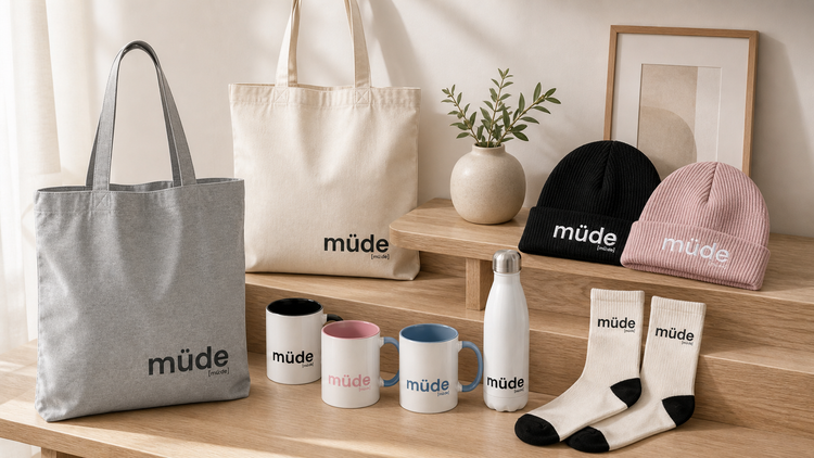 Tote Bag, Beanie-Mütze und Kleinteilt angerichtet auf einem Holzuntergrund