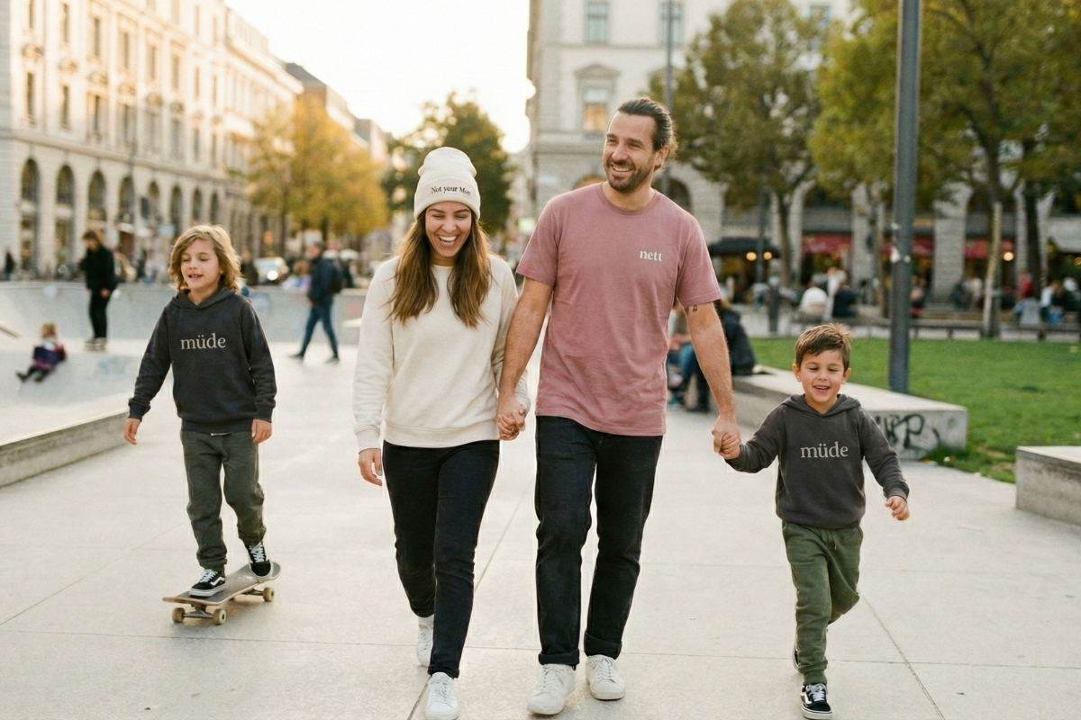 fröhliche Familie im Skatepark mit Statement Kleidung