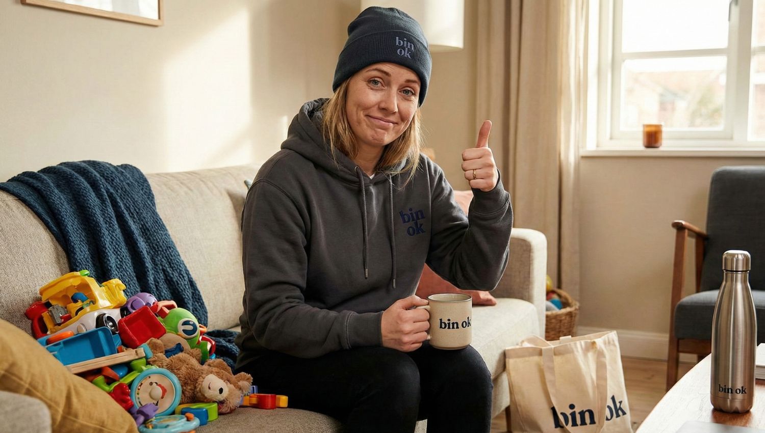 Frau mit Daumen hoch und Spielsachen sitzt auf dem Sofa