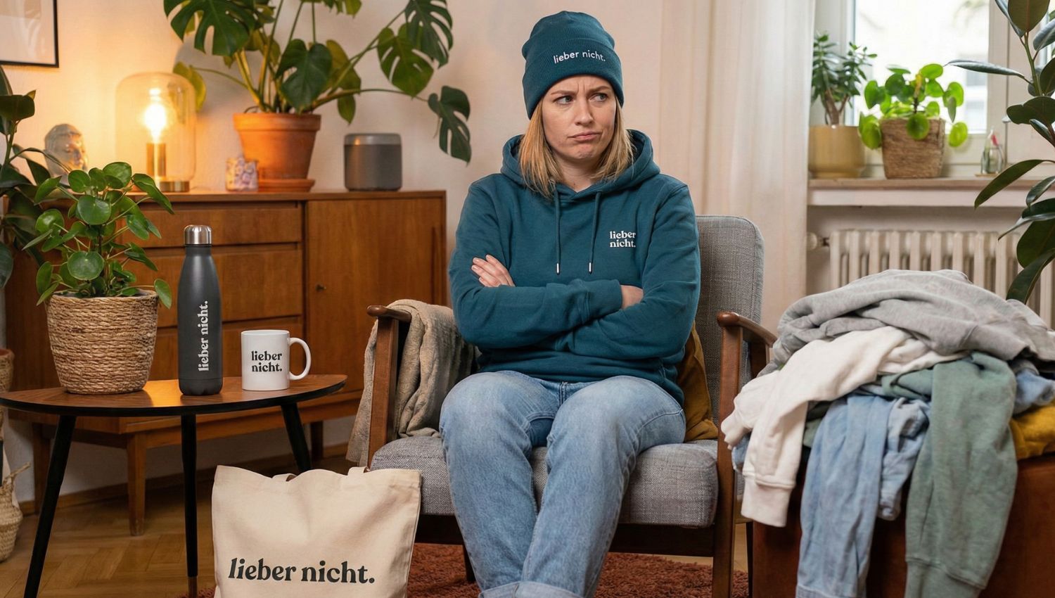 Frau auf einem Stuhl mit Kleidung und Beutel neben sich, Arme verschränkt