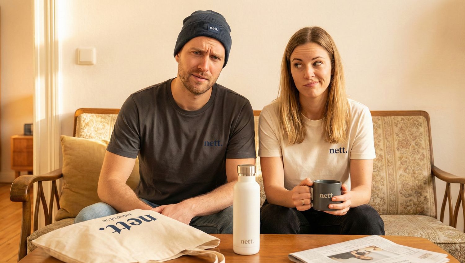 skeptisch blickendes Pärchen an einem Tisch